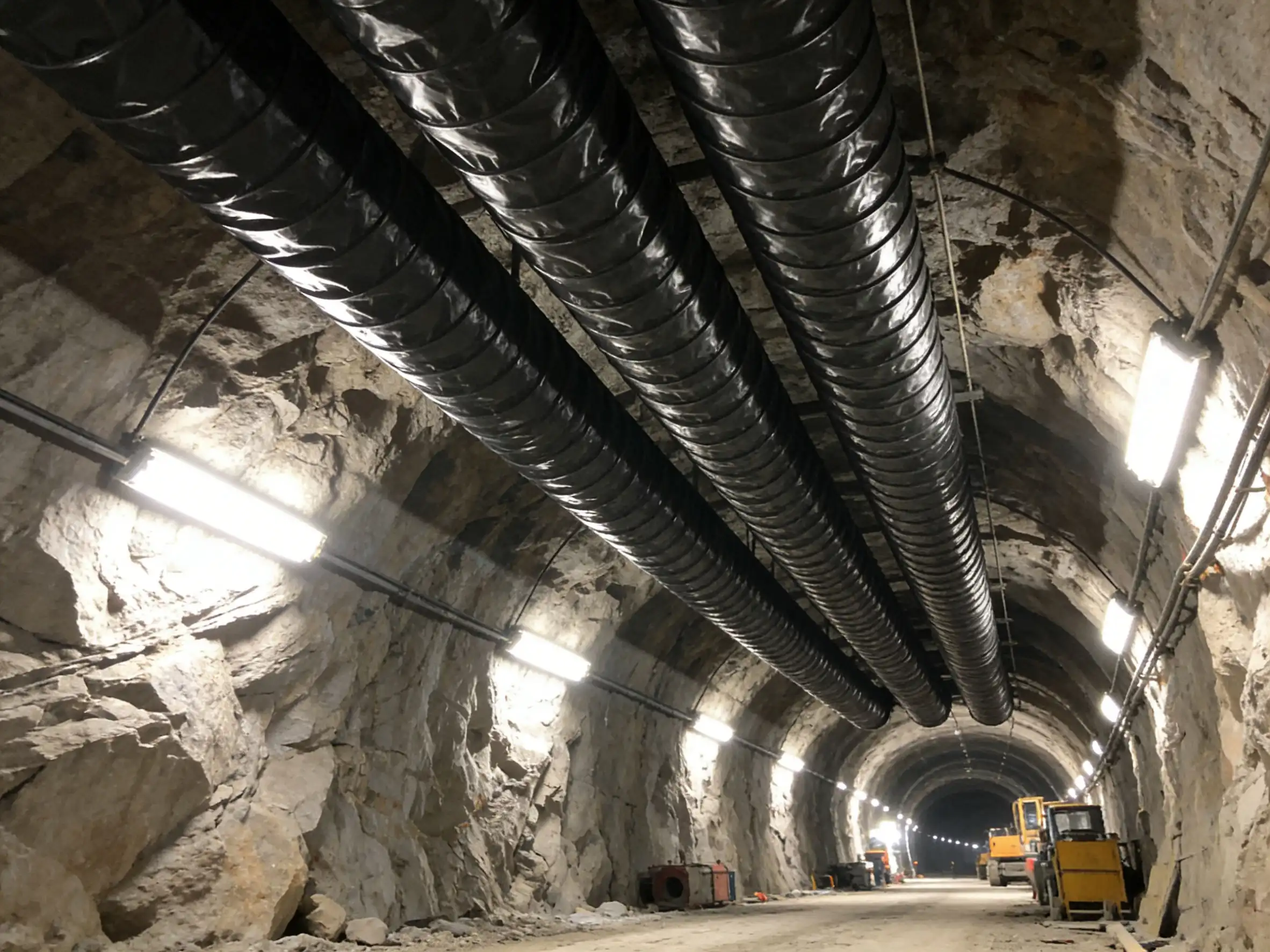 Mine ventilation ducting installed in underground tunnel